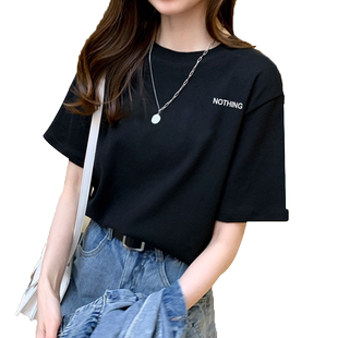 黑色纯棉短袖t恤女夏季简约宽松韩版潮oversize正肩女装体恤上衣