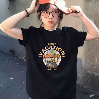 黑色纯棉短袖t恤女2025新款爆款夏季设计感酷飒拽姐上衣美式穿搭