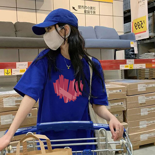 美式复古克莱因蓝纯棉短袖t恤女