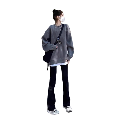 冬季新款灰色圆领卫衣女宽松外套
