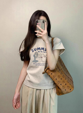 灰色正肩纯棉短袖t恤女装2026新款夏季美式复古冷淡系高级感上衣