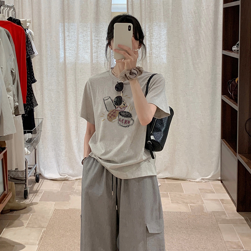 韩系纯棉灰色正肩女t恤短袖夏季2025新款宽松薄款设计感小众上衣