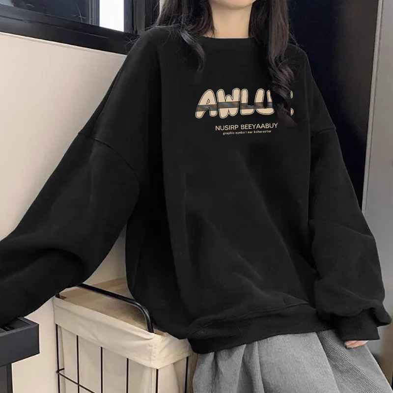 秋冬季黑色宽松圆领卫衣女上衣