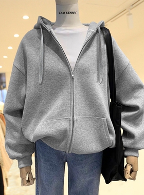 灰色连帽卫衣女2026新款爆款时尚洋气秋冬季加绒加厚开衫拉链外套