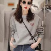 t恤上衣 洋气长袖 灰色圆领宽松加绒卫衣女士2026秋冬新款 欧货时尚