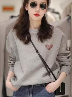 灰色圆领宽松加绒卫衣女士2026秋冬新款欧货时尚洋气长袖t恤上衣