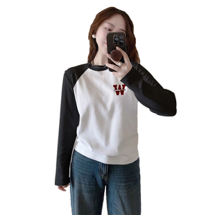 纯棉打底衫女装2025早春新款秋冬季撞色插肩袖美式复古上衣设计感