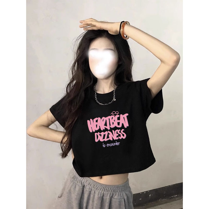 高腰露脐字母圆领黑色短袖t恤女夏季设计感短款ins百搭正肩上衣