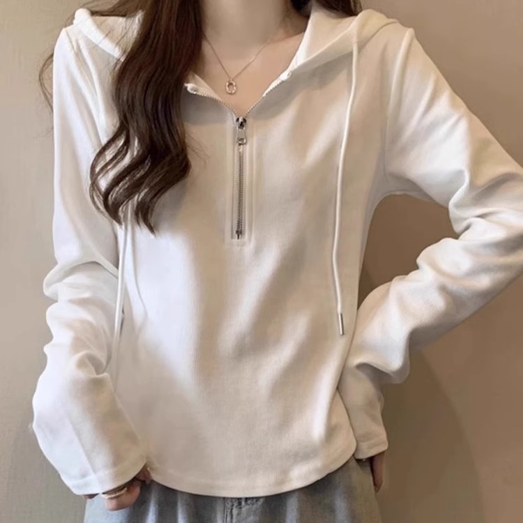 白色宽松连帽长袖t恤女装秋冬季