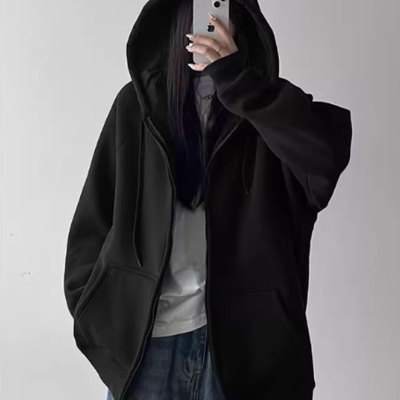 黑色女士韩系早秋卫衣2025正流行新款爆款小个子冬季加绒连帽外套