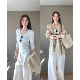 白色v领修身内搭打底衫女2026新款今年流行的爆款女装长袖t恤上衣