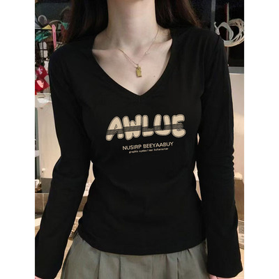 美式辣妹正肩v领长袖t恤女秋冬