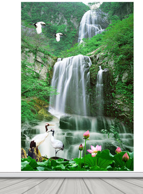 竖版青山绿水招财风景画家用背景墙海报装饰画流水生财自粘贴纸画