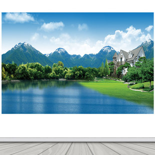 大自然山水画 高山美景湖水装饰画 客厅沙发背景墙自粘贴纸画