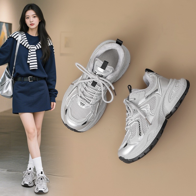 ZHR厚底加绒老爹鞋女鞋2025秋冬款百搭增高休闲鞋保暖轻便运动鞋