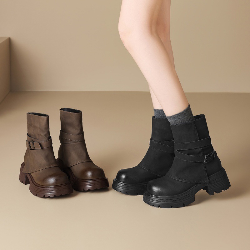 ZHR厚底裤管靴短筒短靴粗跟2025秋冬季新款西部牛仔短靴堆堆靴