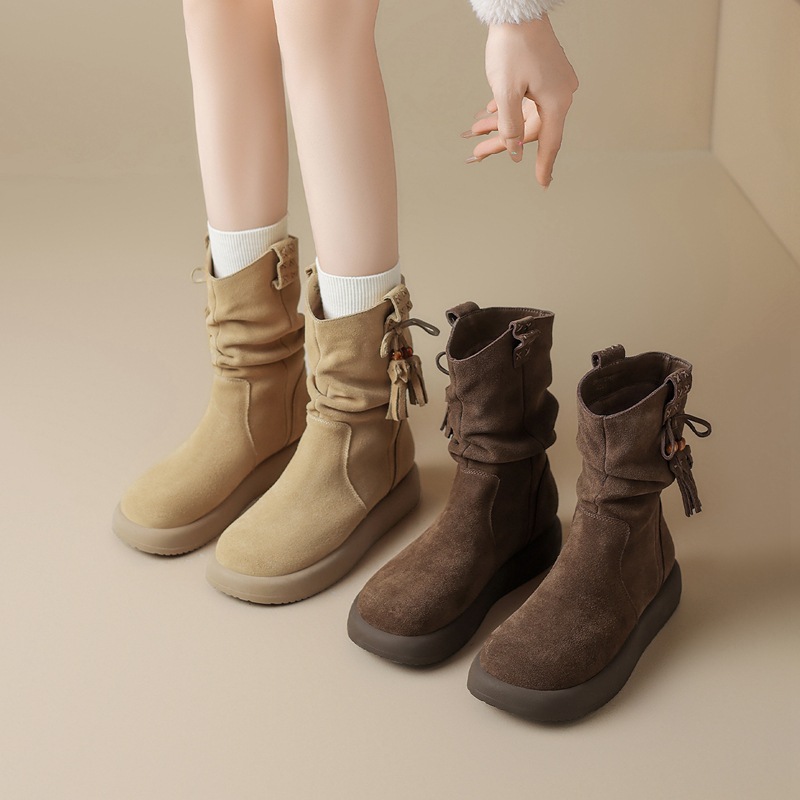 ZHR真皮流苏挂饰堆堆褶皱牛仔靴女2025冬季波西米亚保暖靴子女