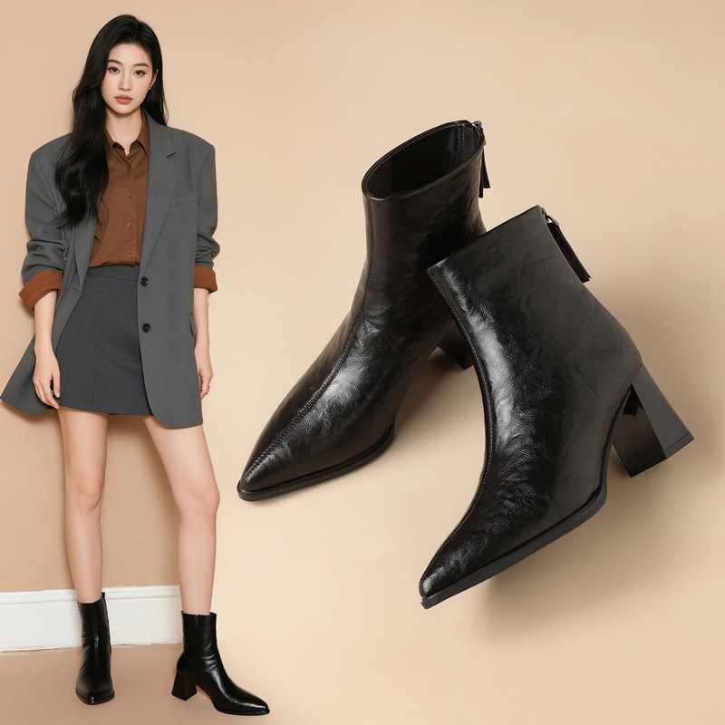 ZHR尖头高跟短靴女2025冬季新款法式小裸靴粗跟高跟鞋时装瘦瘦靴