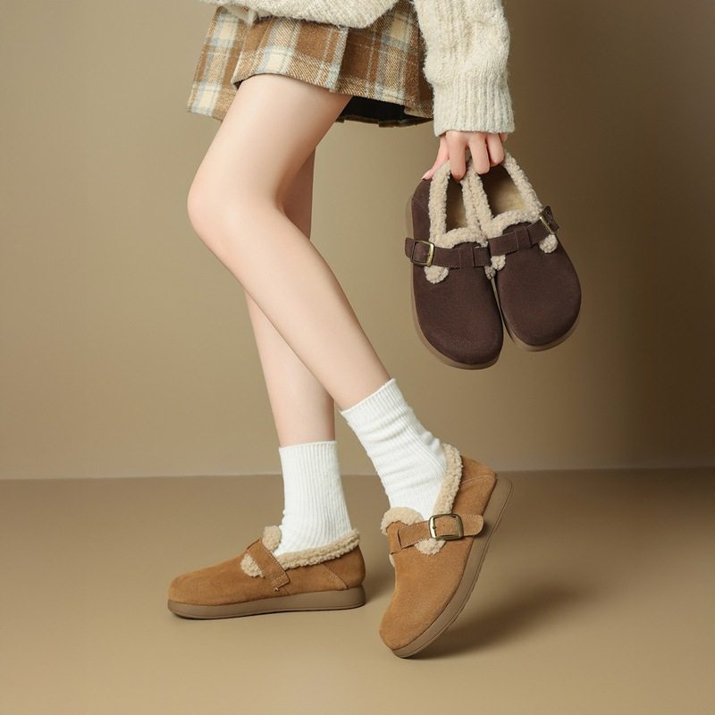 ZHR则则真皮勃肯棉鞋女2025秋冬款软底轻便毛毛鞋加绒保暖雪地靴