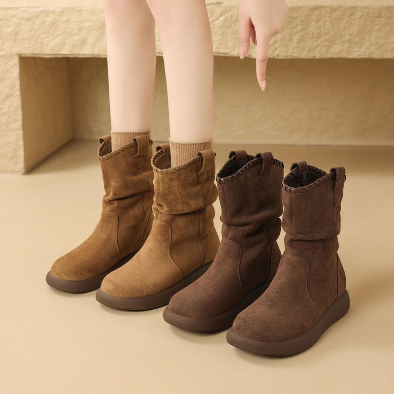 ZHR真皮美拉德风平底短靴2025冬季新款百搭复古堆堆靴加绒西部靴