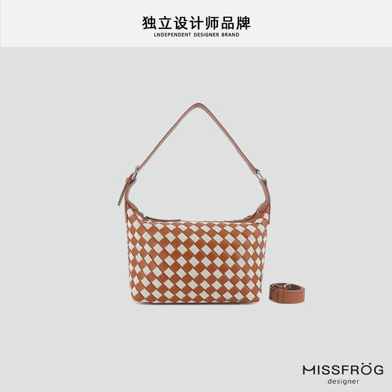 新款小众编织饭盒包真皮帆布拼接腋下包高级感单肩斜跨通勤女包