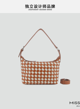 新款小众编织饭盒包真皮帆布拼接腋下包高级感单肩斜跨通勤女包