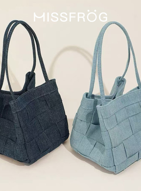 2024新款小众手工编织包简约时尚帆布水桶包牛仔单肩斜跨包骰子包