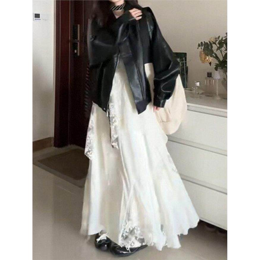 白色不规则蕾丝压褶重工半身长裙大码秋季流行风格梨形伯克利裙子