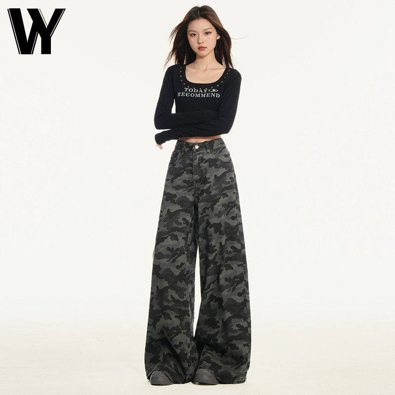 美式高街工装阔腿迷彩牛仔裤女夏季覆古高腰宽松显瘦直筒拖地裤子