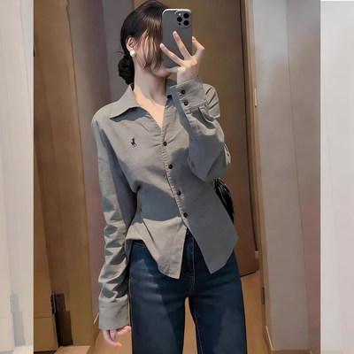 简约休闲灰色刺绣长袖衬