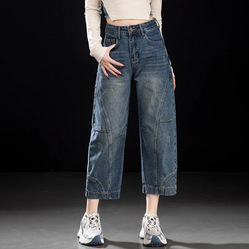 怀旧小众设计感牛仔裤女2025春夏薄款宽松新款拼接垂感八分弯刀裤