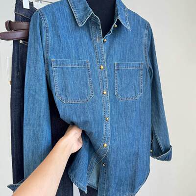 深蓝色港风复古牛仔衬衫