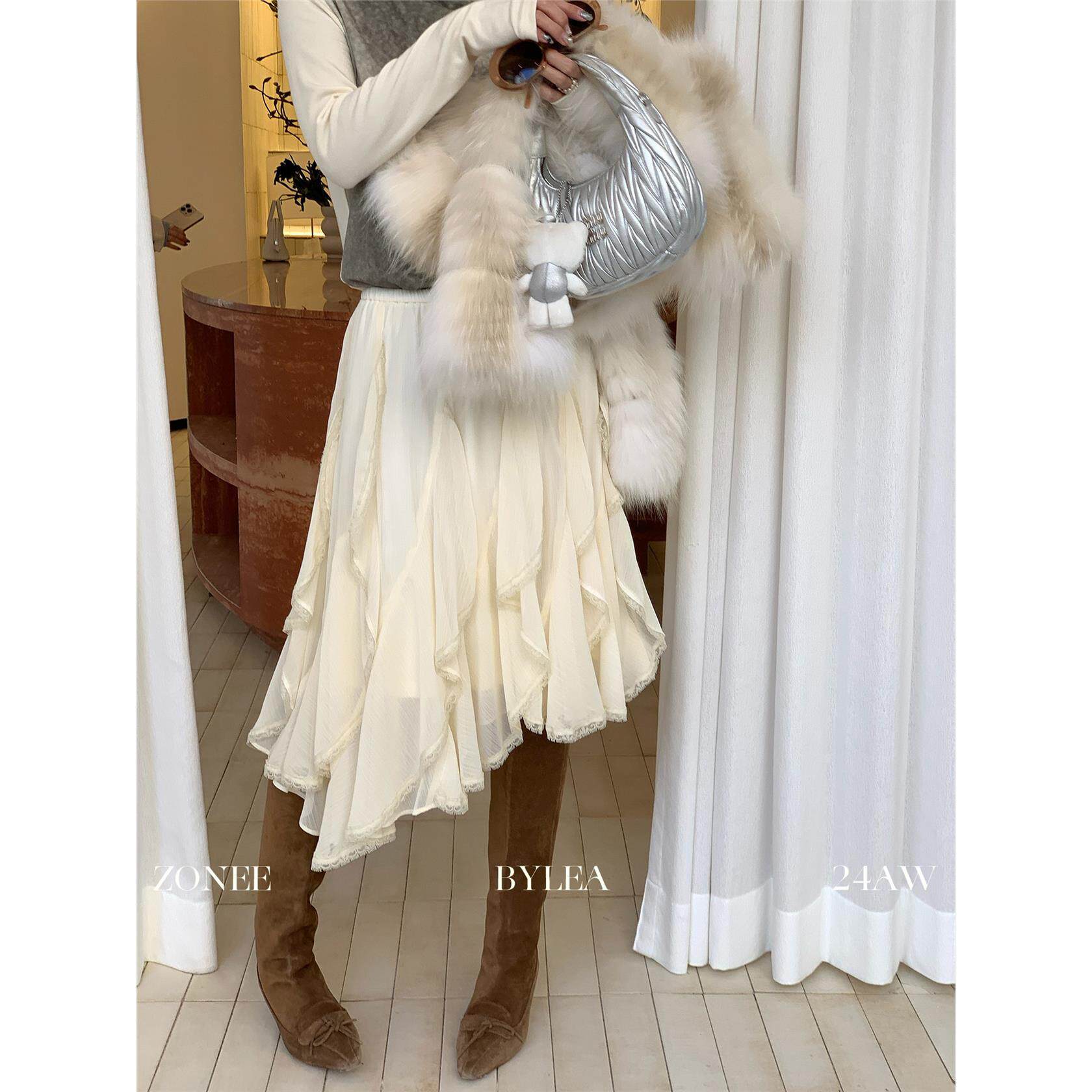 法式杏色不规则半裙秋季飘逸中长款高腰百搭气质减龄半身裙子女