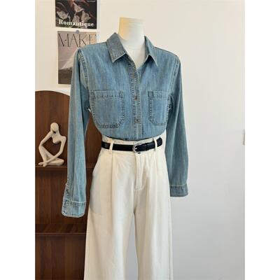 蓝色港风牛仔衬衫女2025