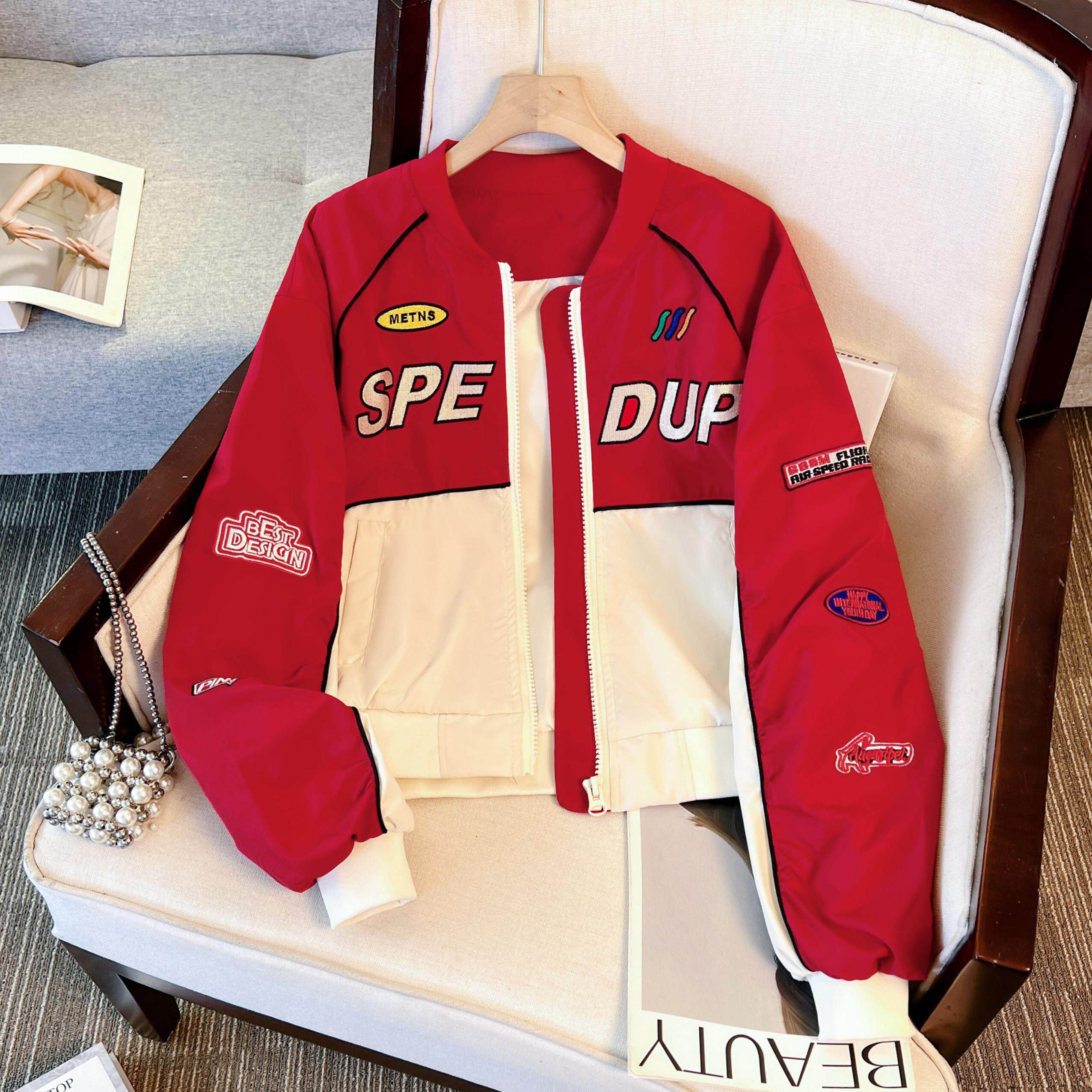 美式撞色棒球服外套女春秋季2026新款宽松短款小个子机车夹克上衣