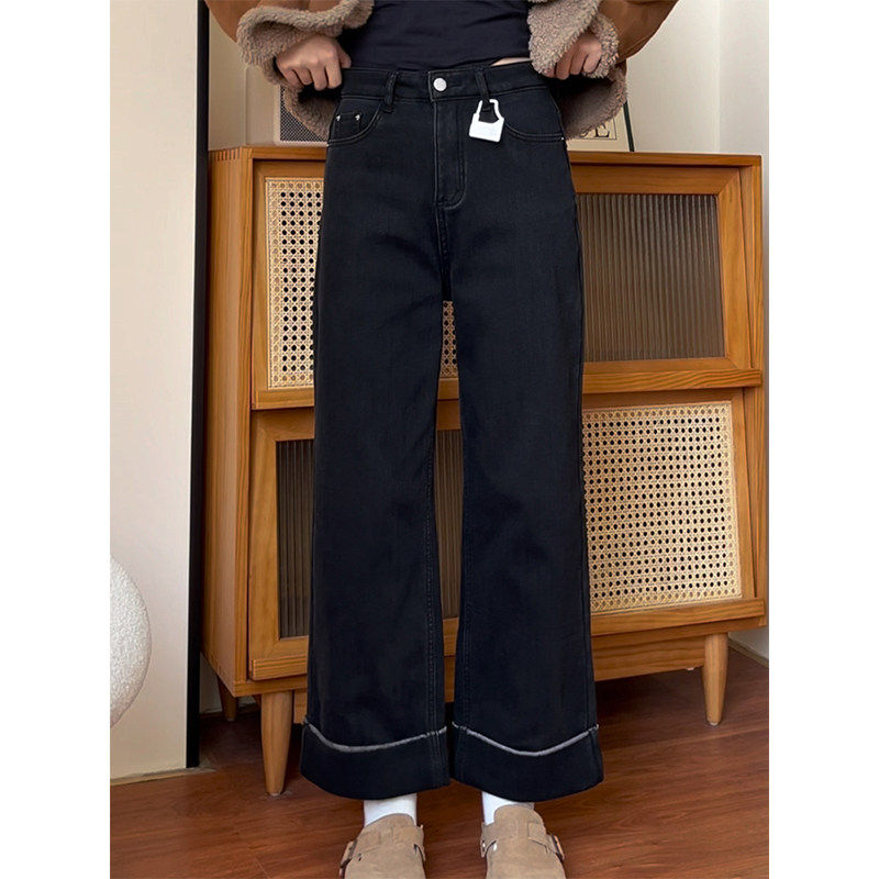 裤子梨形身材腿粗宽胯黑色直筒加绒加厚牛仔裤女小个子卷边阔腿裤