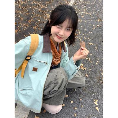 绿色覆古风工装外套女202