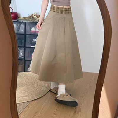 卡其色格纹拼接半身裙女