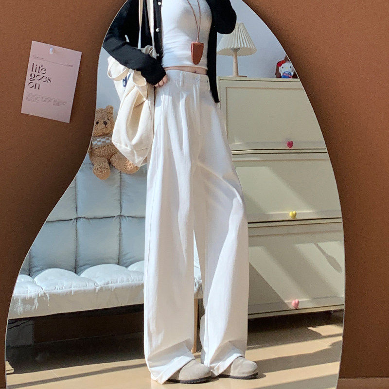 米白色阔腿裤女春秋季高腰小个子显瘦休闲牛仔裤韩系棉麻拖地裤子