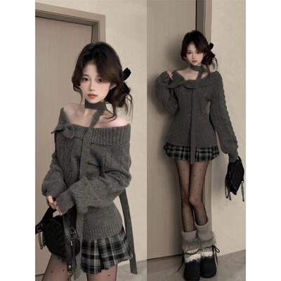 一字肩灰色毛衣针织连衣