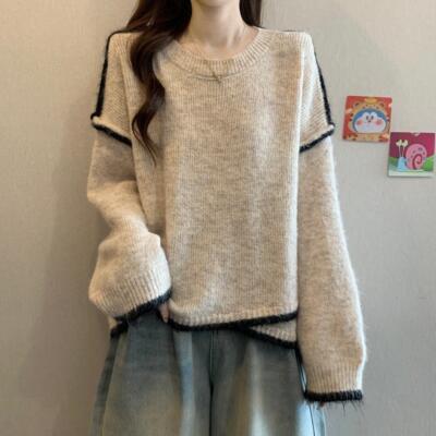 宽松慵懒灰色毛衣女装秋