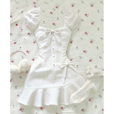 韩系白色条纹连衣裙子女