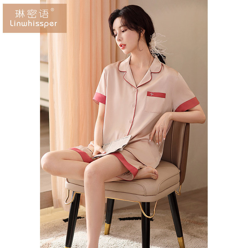 夏季冰丝睡衣女士薄款短袖短裤简约可外穿家居服仿真丝绸凉感套装