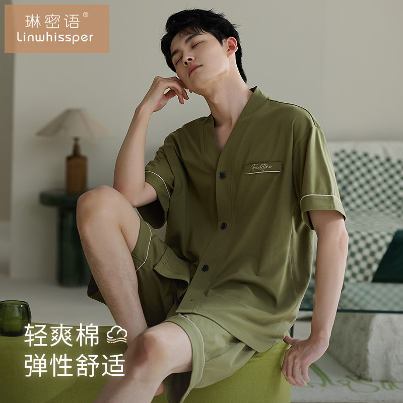 睡衣男夏季薄款纯棉短袖短裤图片