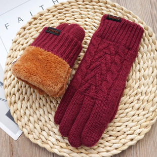 歌诺达女冬季 加绒加厚纯羊毛保暖触屏手套开翻露二指开车骑行开车