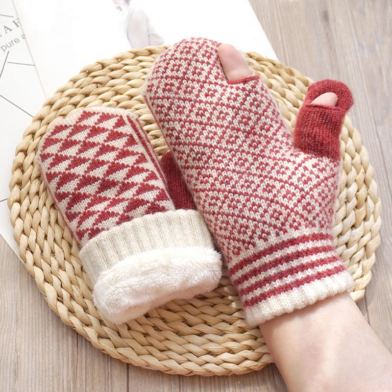 歌诺达2024冬季新品羊毛针织女ins可爱加绒保暖骑车露指触屏手套