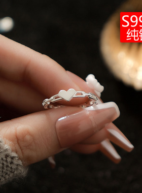 S999纯银足银韩版韩版爱心戒指简约小红书INS时尚开口链条戒子女