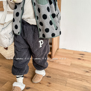 Milo7c-自制 韩国儿童秋冬羊羔毛裤子男童女童休闲哈伦裤毛毛裤子