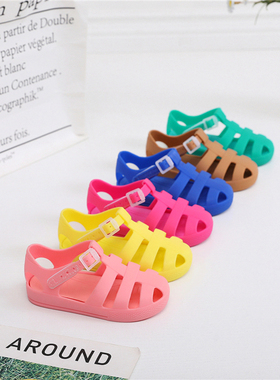 Milo7c-自制 简约夏季儿童凉鞋包头果冻鞋绿色镂空小童沙滩鞋软底