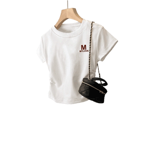 欧货纯棉正肩t恤女士短袖2026年新款时尚洋气修身短款小个子上衣